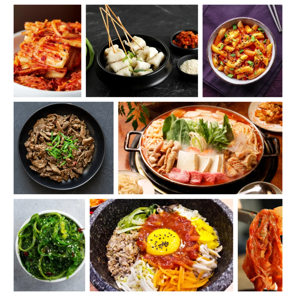 Kimchi, Korean Fish Cake Soup, Korean Rice Cake, Bulgogi, Seaweed Salad, Bibimbap - some of the foods in South Korea.